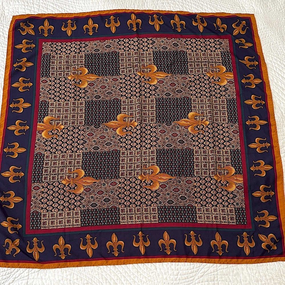 Vintage Fleur de Lis Large Square Scarf JG Hook Polyester Gold Navy Blue